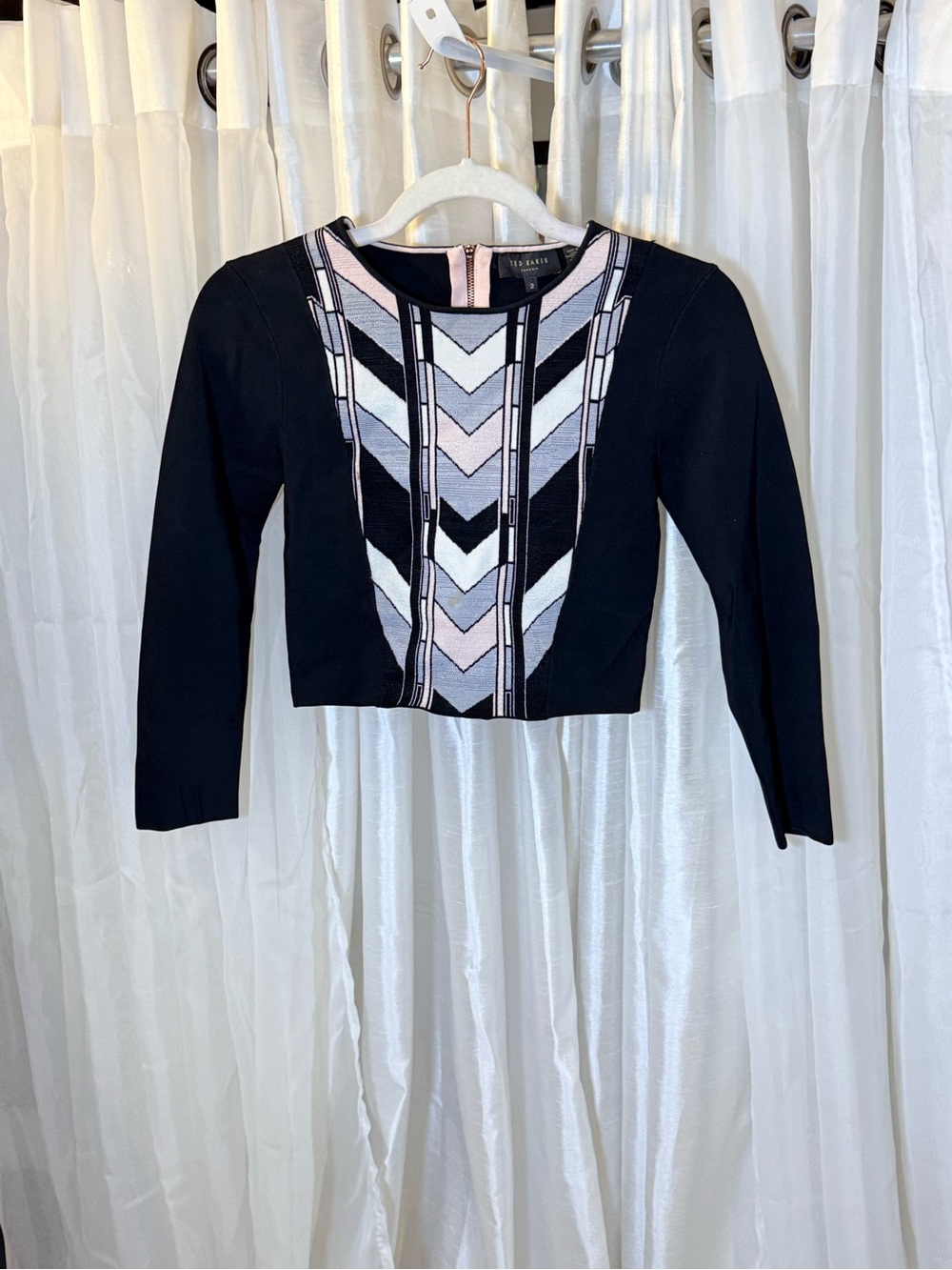 Ted Baker Black Cropped Long-Sleeve Top with Pink & White Chevron Front